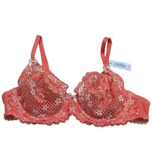Adore Me Cinthia Unlined Floral‎ Texture Lace Bra Sunkist Coral Full Coverage
